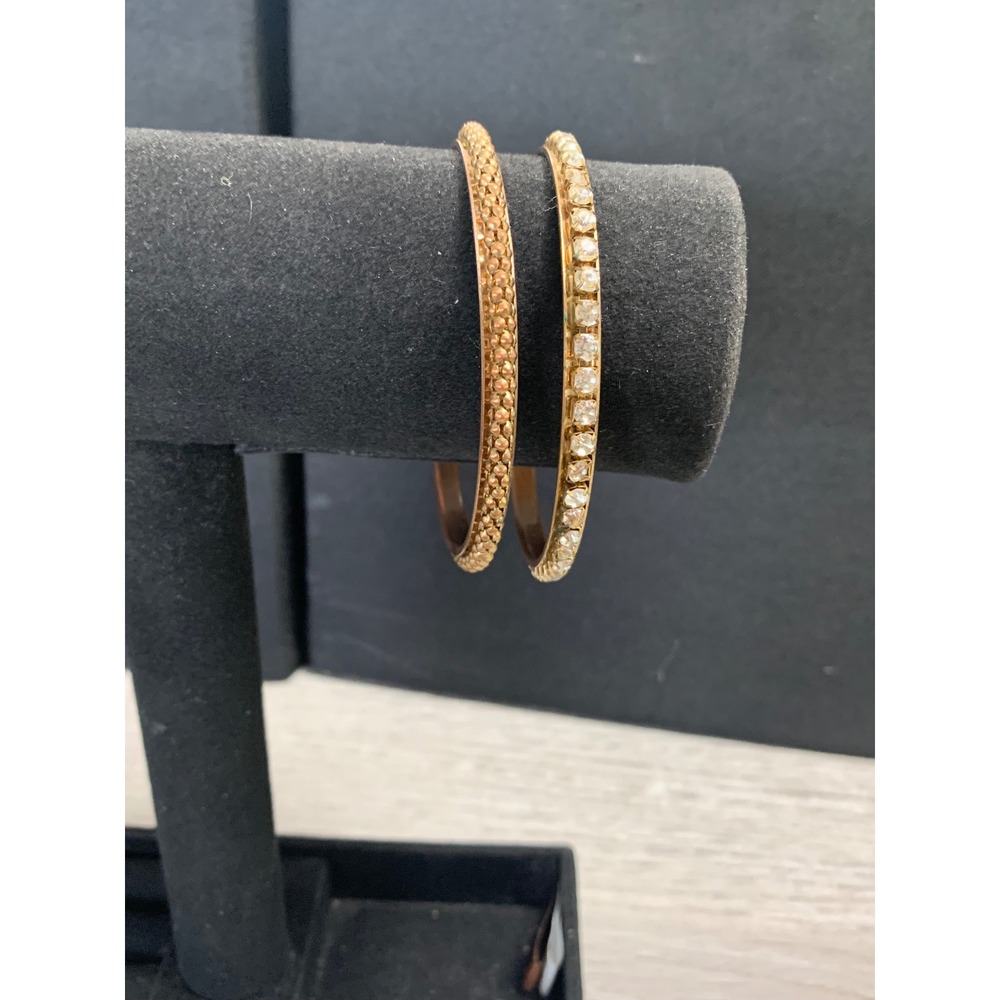 Set of 2 Copper Tone Crystal and Textured Beaded Bangle Bracelets 6 Inch